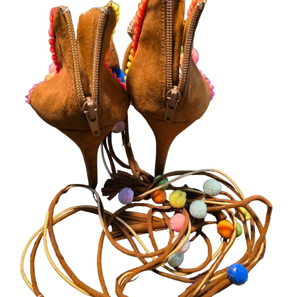 Anne Michelle Colorful Pom Pom Size 9 Embellished Tie-Up‎ Heels - Picture 6 of 10